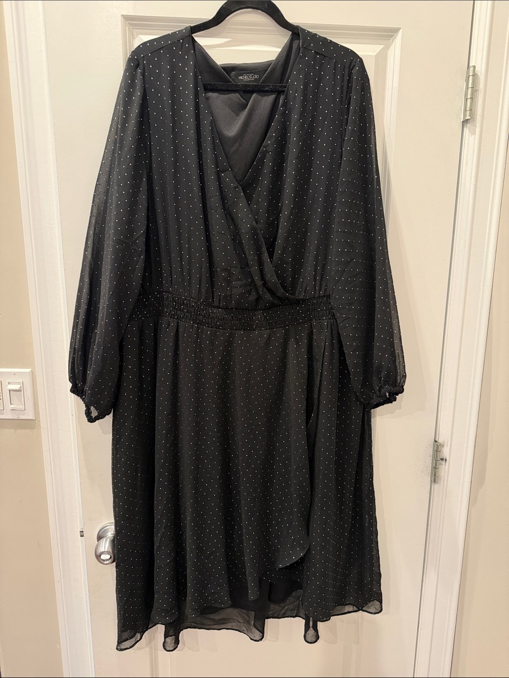 Michel Studio Black Polka Dot Long-Sleeve Faux-Wrap Midi Dress